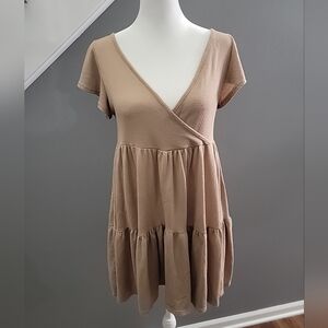 See You Monday Tan Babydoll Dress Womens M Cap Sleeve Short Tiered Boho